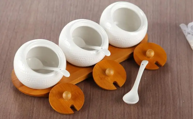 High quality round shape slanted storage custom white kitchen 3 pcs spice ceramic canister with wooden lid