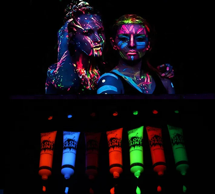 Non-toxic safe soft tube neon fluo face body paint in UV light blacklight for costume party makeup paint