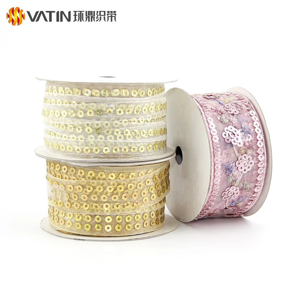 
Mesh Laces Custom Promotional New Design Gift Glitter Sequin Organza Ribbons 