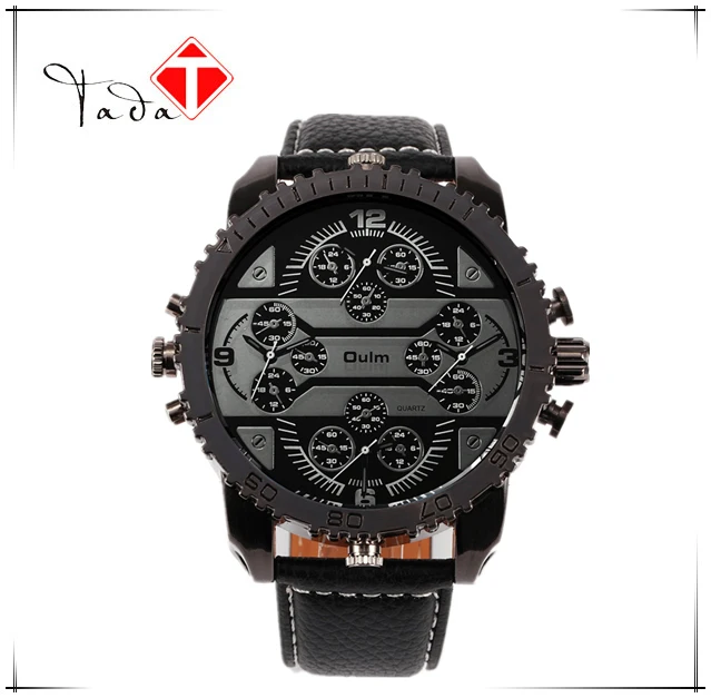 Relojes Oulm 3233 2016 New Fashion Quartz Men Wrist Watches 4 Time Zone Leather Strap Colorful Analog Wach