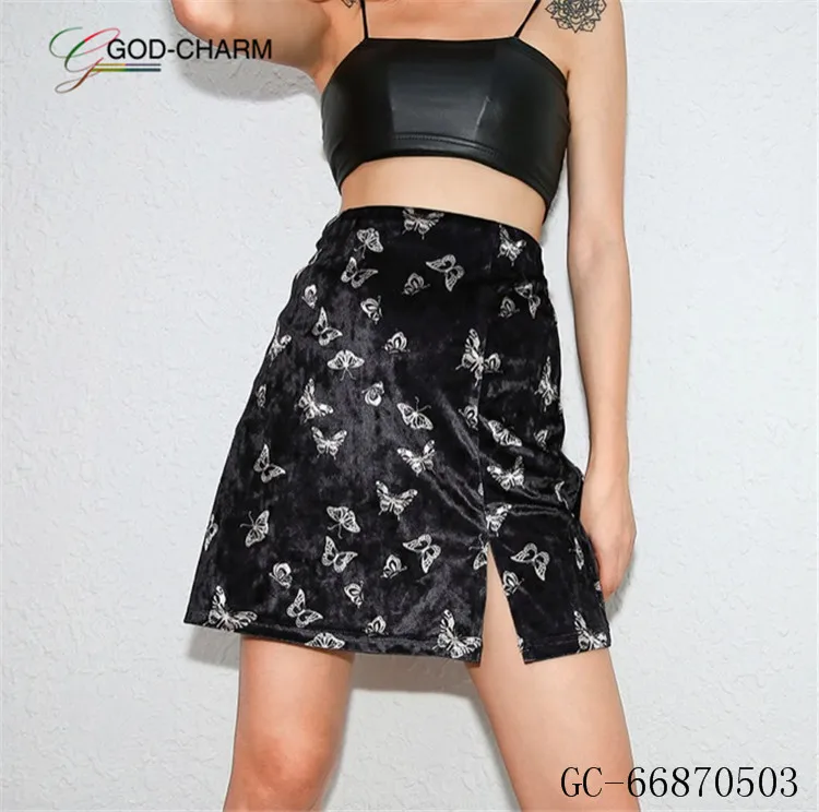 GC-66870503 Wholesale Women High Waist Velvet Pleated Skirts New Fashion Velvet Black Short Sexy Skater Skirt