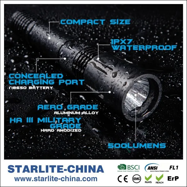 
STARLTE anti shock 18650 rechargeable 500 Lumen IPX7 defense flashlight police 