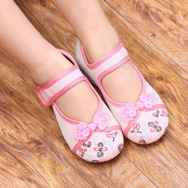Новый дизайн, скрытый 3 см средний каблук, Детские парусиновые туфли с вышивкой, ремешок на щиколотке, детская повседневная обувь для девочек, мягкие и удобные