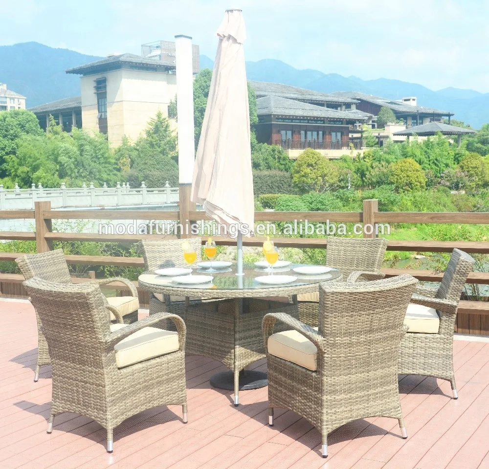 Moda уличный Плетеный Круглый садовый набор мебели стеклянный обеденный стол и стулья