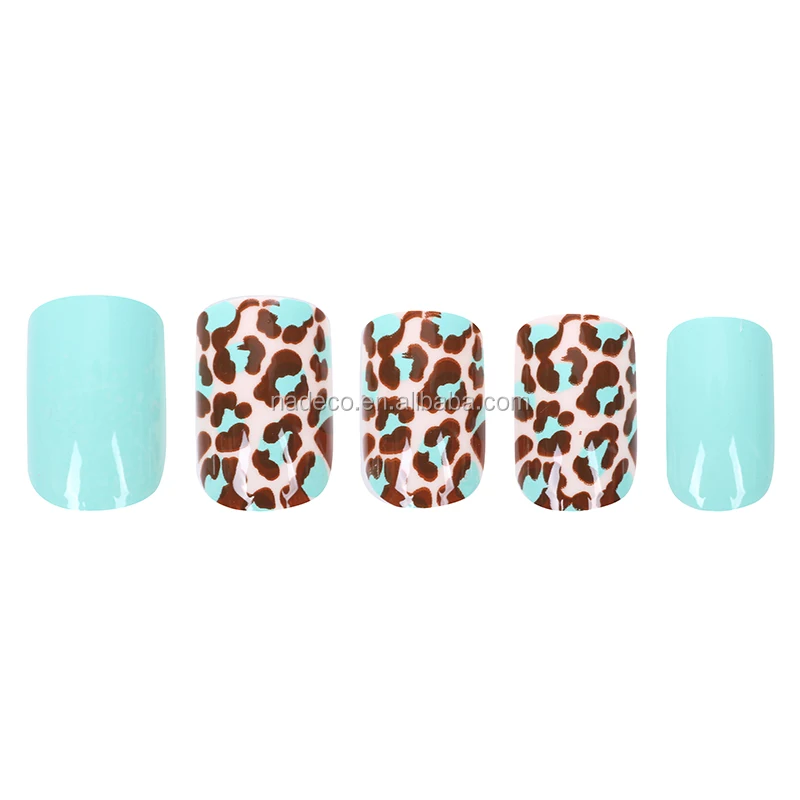 NADECO Full Cover Blue Sweet Color Sticky Nails Acrylic with Leopard Print Picture