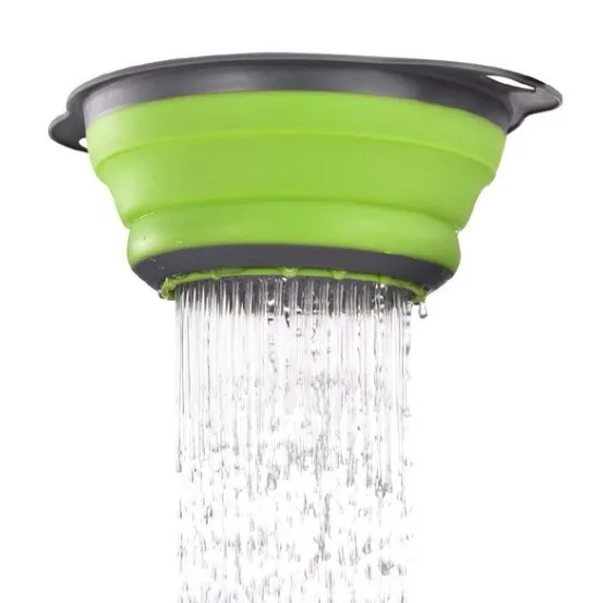 hot sale 2 Piece Folding Round Green Kitchen Colander Set Silicone Vegetable Fruit Basket Strainer