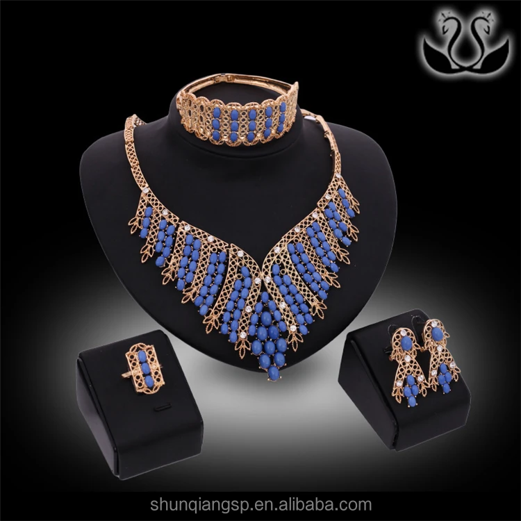 Elegant Women Gold Plating African Blue Beads Jewelry Set Wholesale