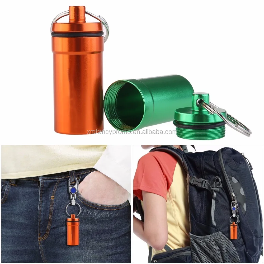 Promotion Camping Travel Portable Aluminum Pill Box Case Bottle Storage Drug Holder Keychain