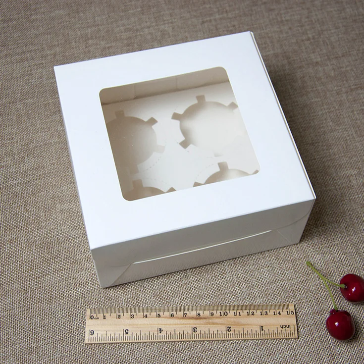 Kraft white paper 4-pane cup cake foldable box sri lanka design custom packaging flat lid egg tart box with pvc window wholesale