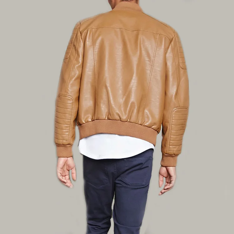 
Motorcycle wear high neckline ribbed stitched leather jacket men 