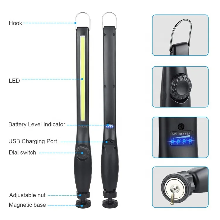 Car Repair Temporary Inspection Working Light Emergency Flashlight Rechargeable Handheld Portable Cob Led Work Lamp