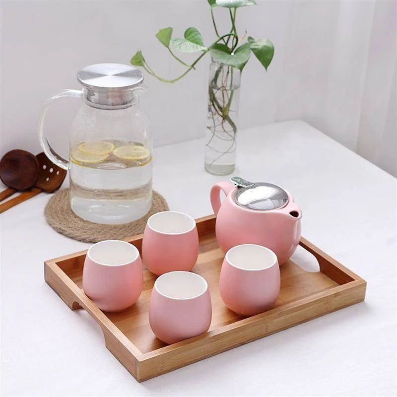 High Quality Nordic Design Matte Ceramic Pink Tea Pots And 4 Tea Cups Set And Saucer
