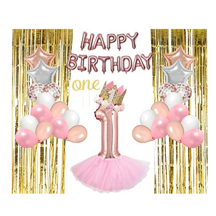 1st Birthday Decorations Girl 46 Pcs Bundle  Birthday Crown  1 Year Old Tutu  Rose Gold Theme One Cake Topper