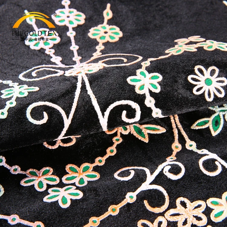 
Custom elegant luxury dense composite coatings velour black embroidered velvet fabric 