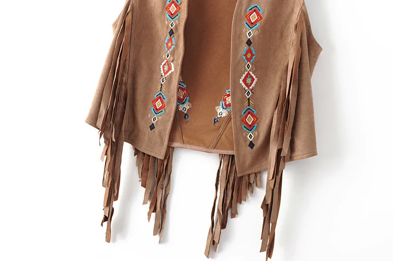 
women ethnic style ethical embroidery fake suede vest with fringes 