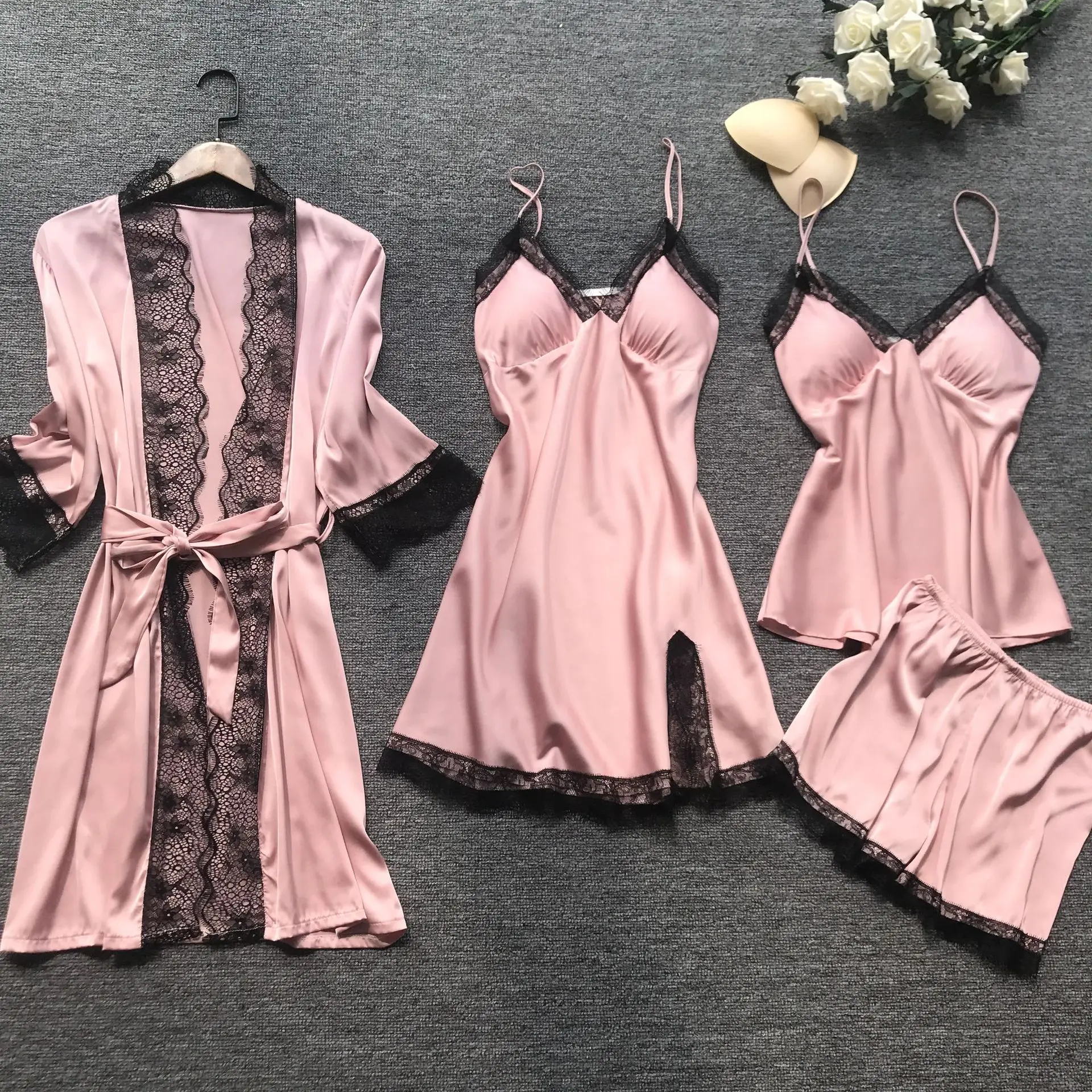 
Pyjamas Women Sleepwear Robe Lace Sleepwear Nightwear Girls Sexy Night Dress Lounge Wear 4 Pieces 