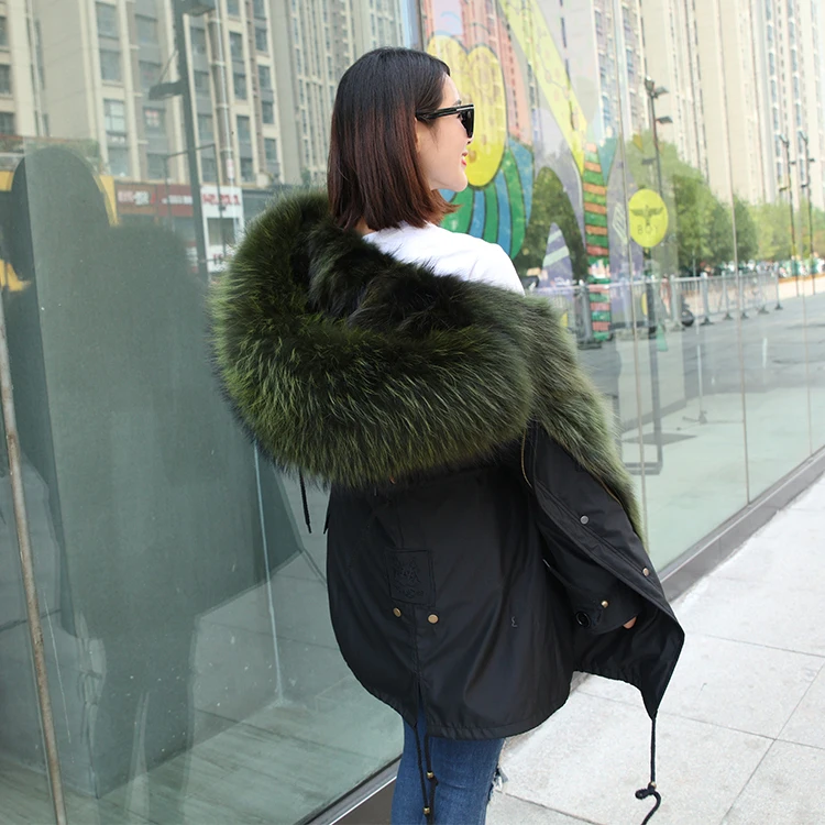2018 Winter Warm Hooded Real Fox Army Green parka fur jacket For Women