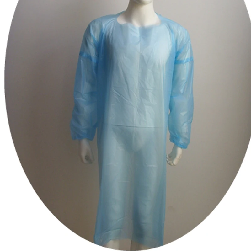 Blue & White disposable waterproof Plastic patient cpe gown with rubber rolled cuff Available in standard and reinforced