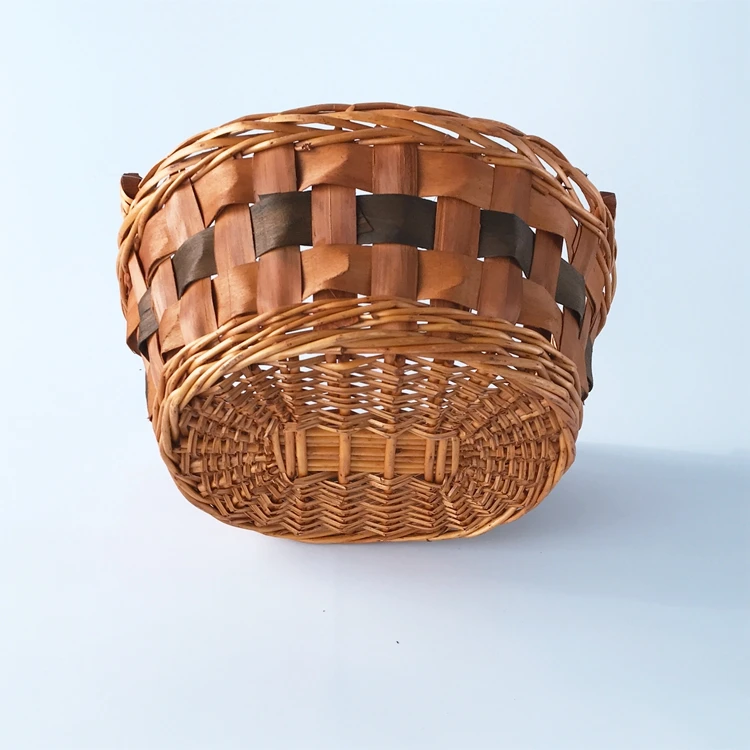
round willow and wood chip tray with wooden handles honey color tray basket 