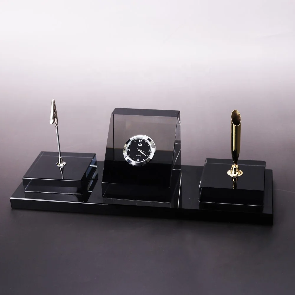 New Design Black Crystal Office Stationery Set With Clock/Pen holder For Table Decoration