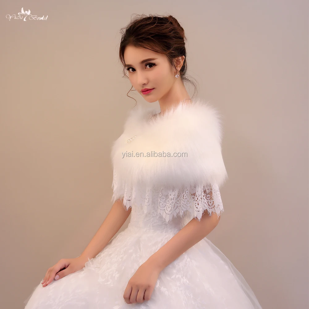 
LZP190 Beautiful Off Shoulder Wedding Shawls White Fur Bolero And Lace Winter Wedding Cloak 