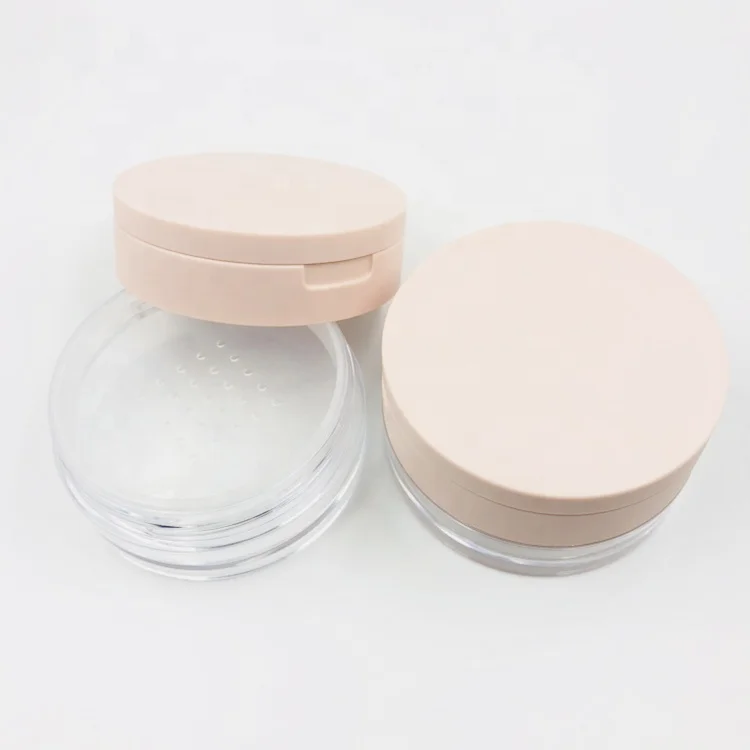Popular 15g pink round plastic loose powder jar container with mirror and sifter / portable flip cosmetic packaging