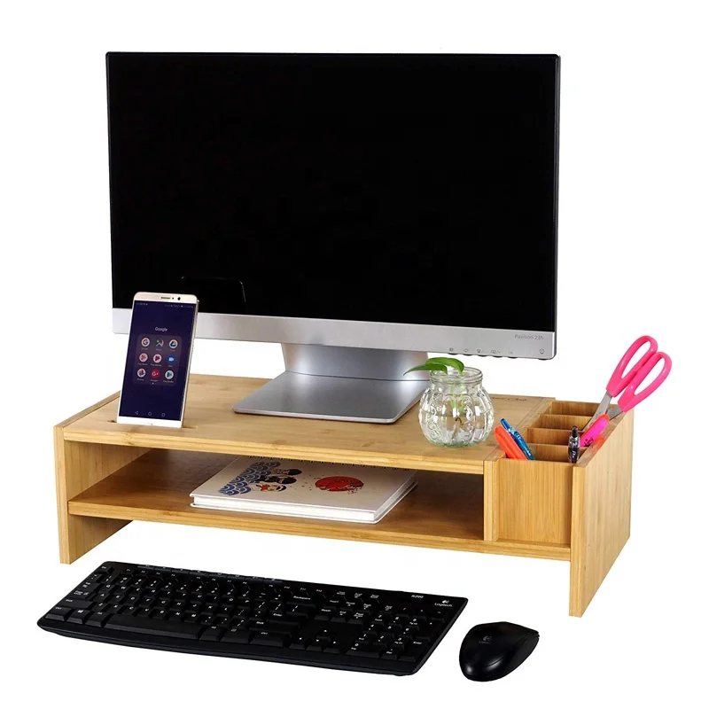 2-уровневая бамбуковая подставка для монитора ноутбука компьютерный монитор стояк с регулируемыми аксессуарами хранения