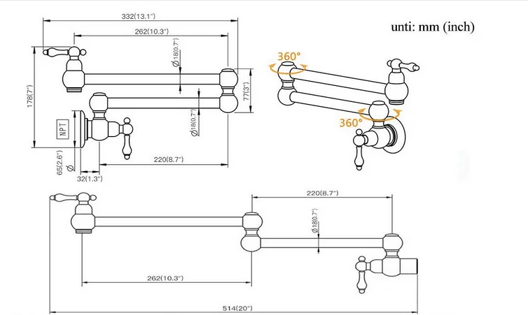 Commercial Double Handle Folding Stretchable Double Joint Swing Arm Wall Mounted Pot Filler Faucet kitchen faucet pull out