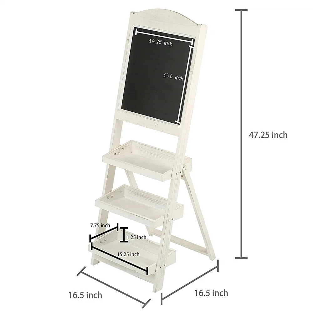 Vintage White Freestanding Wooden Blackboard Easel with 3 Display Shelves