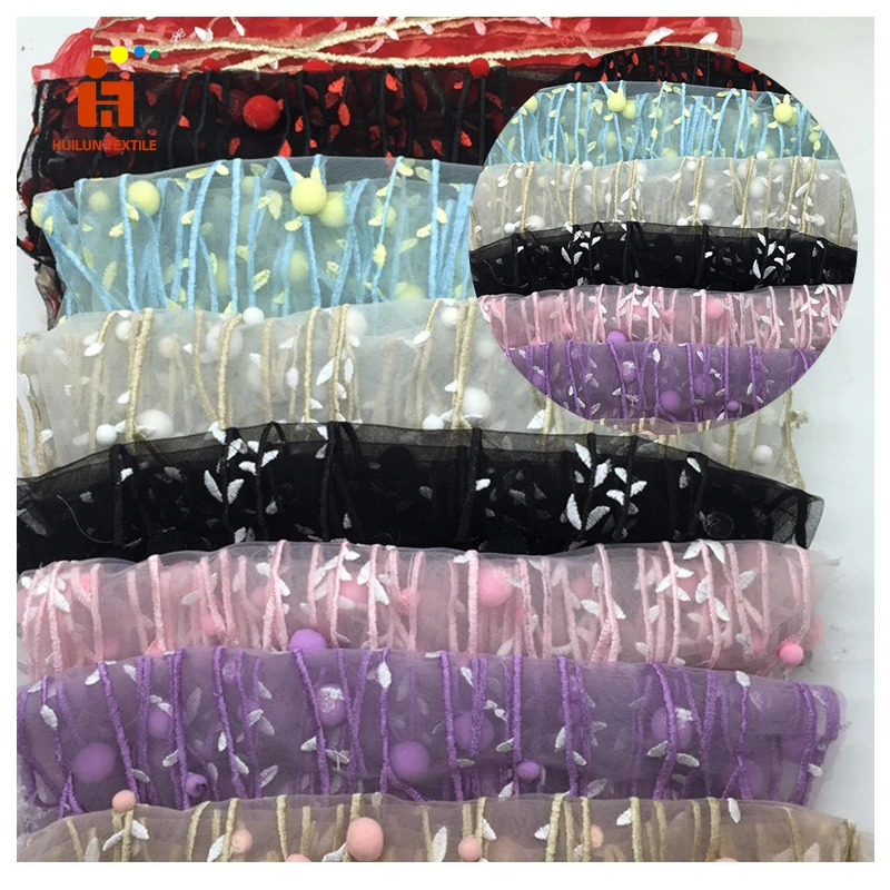 new style design fuzzy ball tulle ground multicolor embroidery fabric for children