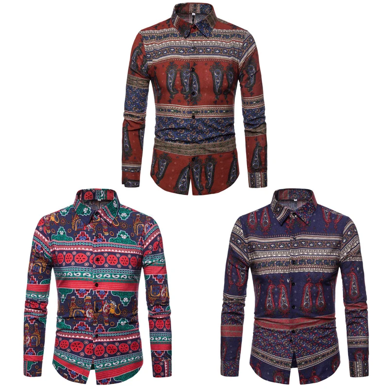 Men Linen Floral Shirt Long Sleeve Slim Fit Top Thailand Mexico Style Elephant Shirts Casual Dress Shirt