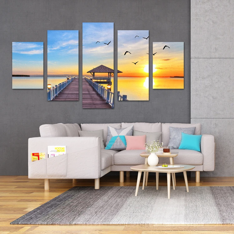 Sunset shore birds picture wall art painting 5 pieces wall stencils for painting