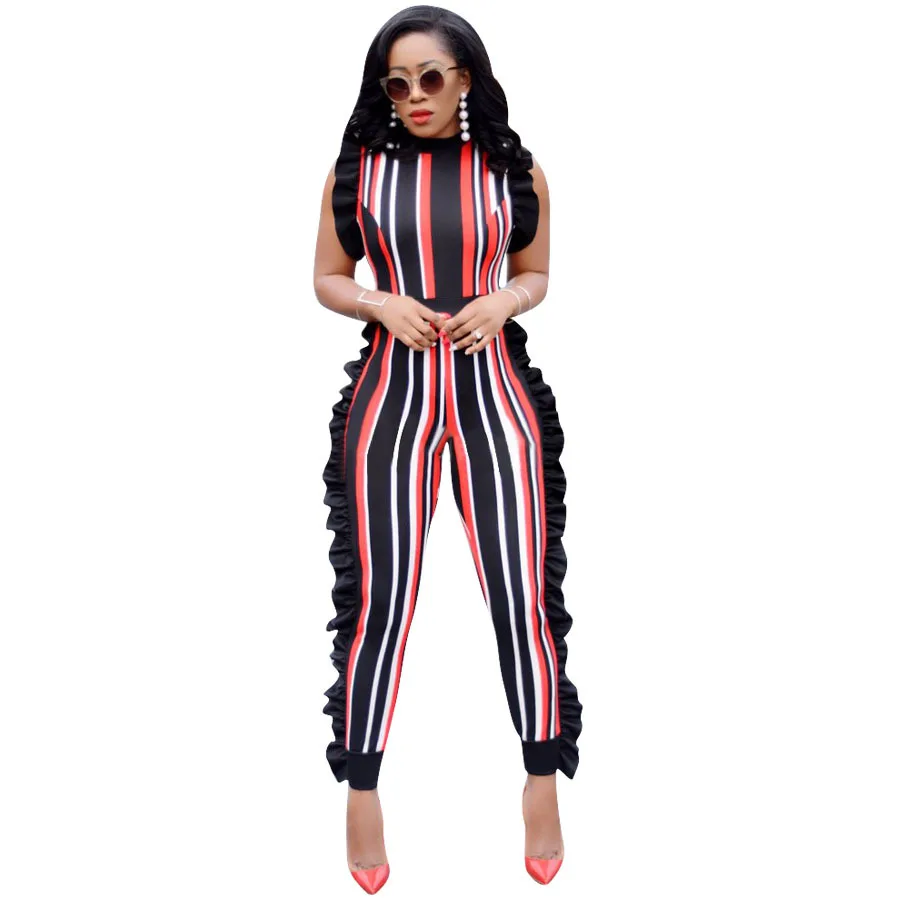 Sexy club bodycon  rompers womens jumpsuit ruffle skinny striped print slim casual overalls jumpsuits combinaison femme Y11849