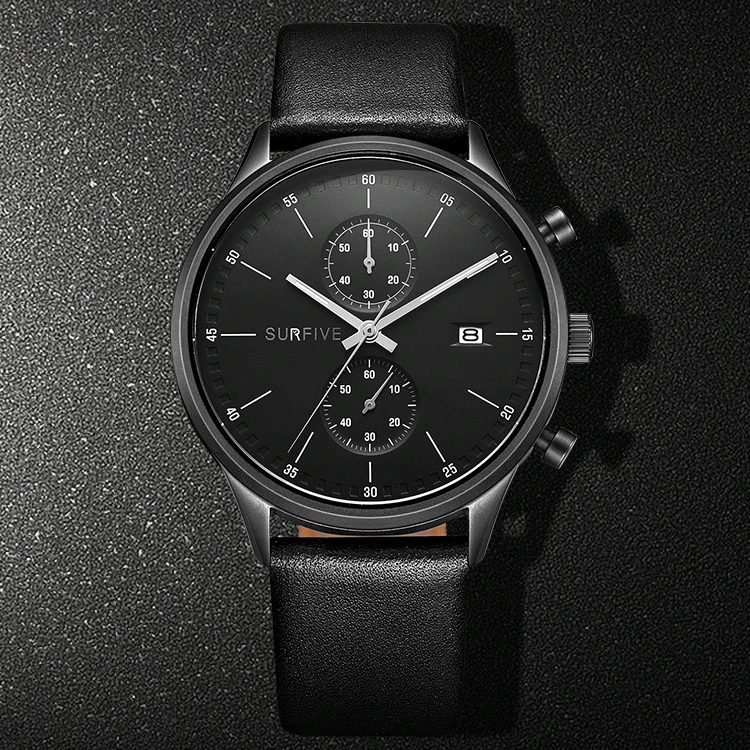 customized 3ATM Waterproof Sapphire Mens Black Genuine Leather Quartz Wrist  Stainless Steel Watch