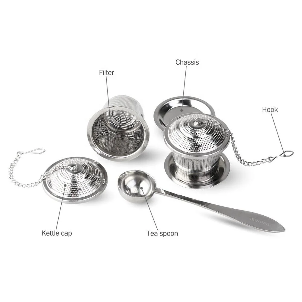 Gold Plated 304 Stainless Steel Tea Filter Basket Chain Link Tea Infuser Strainer with Tray