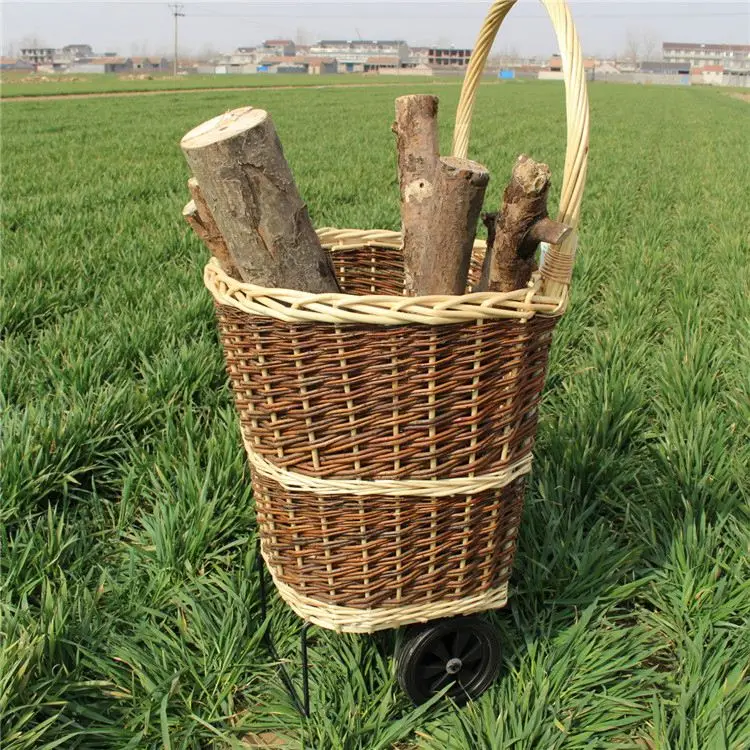 Round Willow Art Woven Fireplace Wood Basket With Wheel Trolley