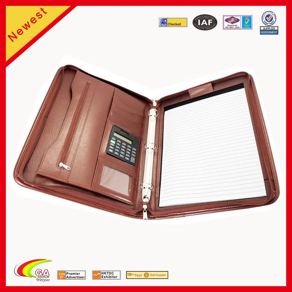 Brown Leather Zippered Executive Ring Binder A3 File Folder Art Portfolio Case