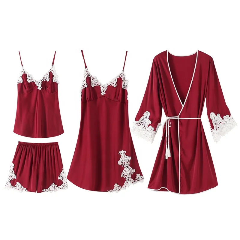 Four Piece Sexy Nighty Silk Sleepwear Set Lace Pijamas de Satin mujer
