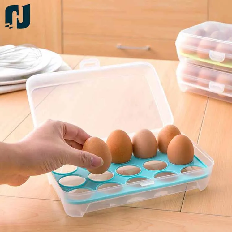 Egg Tray for Refrigerator,15 Eggs Tray Holder with Lid,Portable Shatter-proof Covered Egg Container Box