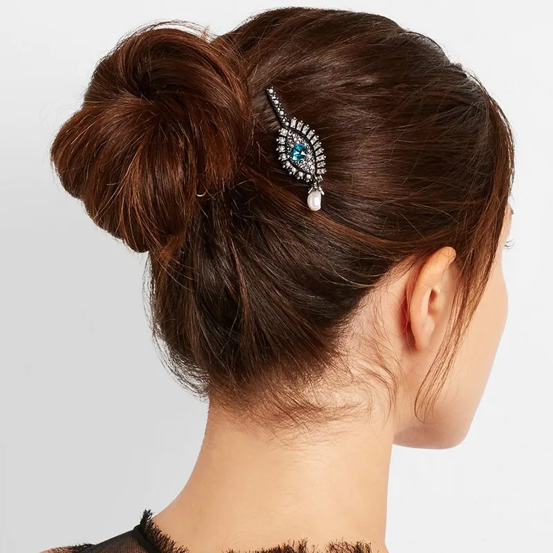 Rhinestone Blue Eye Hairwear Antique Silver Plated Acrylic Pearl Hair Jewelry