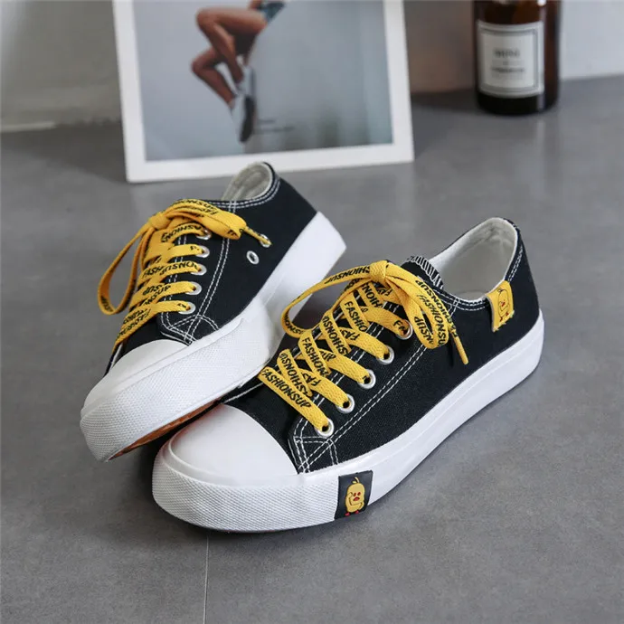 Spring Students Women Cartoon Yellow Duck Lace-Up Flat Zapatillas Canvas Shoes