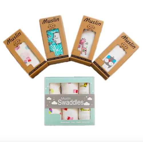 120cm Square Bamboo Cotton Custom Printed Muslin Swaddle In Cardboard Wrap Packaging