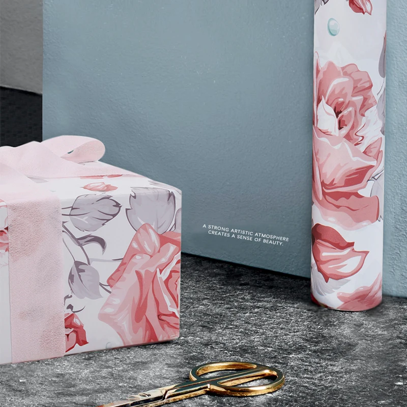 
Wholesale Beautiful Pink Rose Flowers Printed Wrapping Gift Paper Roll 