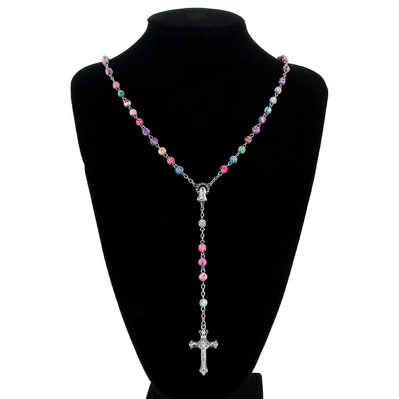 8mm Colorful Polymer Clay Bead Rosary Pendant Necklace Alloy Cross Virgin Mary Christian Catholic Religious Jewelry