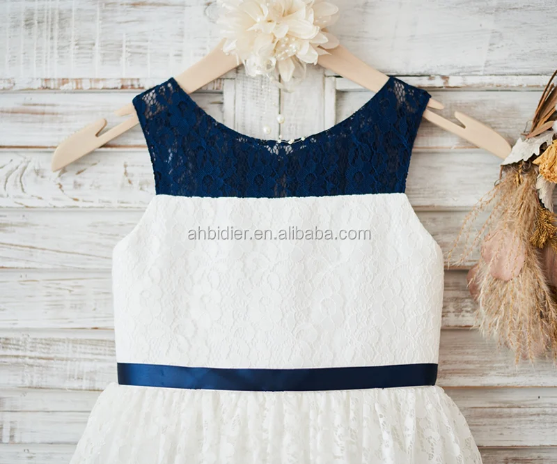 Ivory\Navy Blue Stripe Lace Wedding Flower Girl Dress Kids Birthday Party Dress Toddler Baby Girl Dress