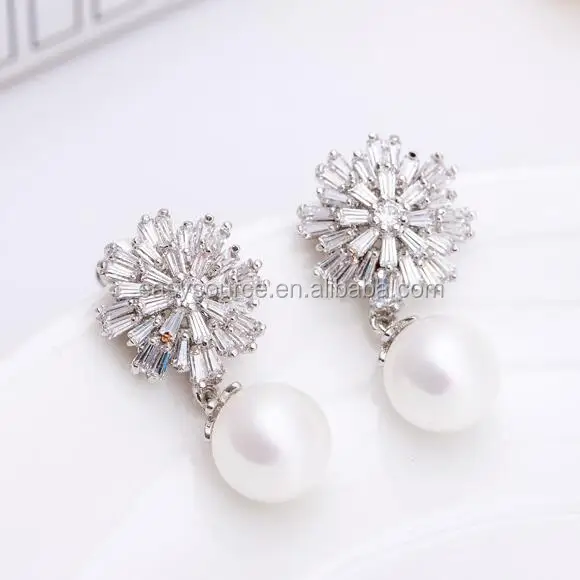925 Sterling Silver Earrings Women Pearl Ear Stud Zircon Dangle Earrings