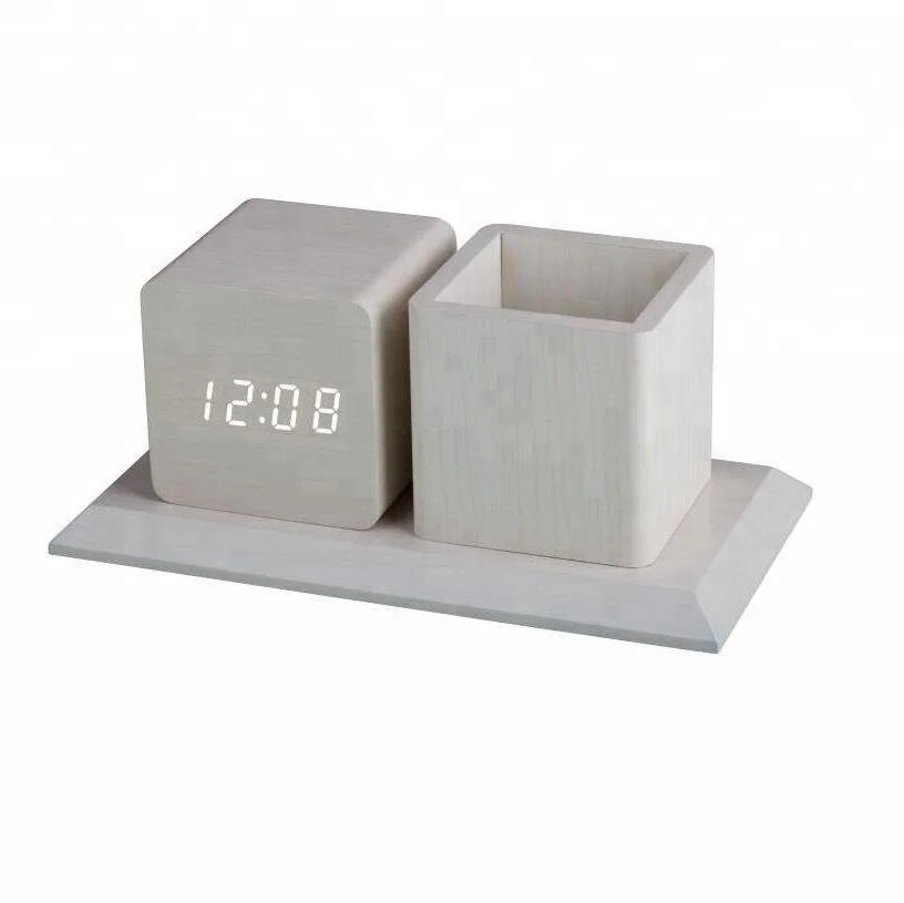 Newest Hot Selling Wooden Led Calendar Time Temperature Voice Control Wood Digital Alarm Clock with Penholder ET544