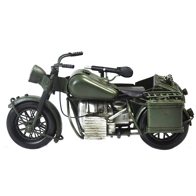 Durable Newest Design Sidecar Iron Green Motor  Antique Tricycle Motorcycle Model 1:8 Scale Vintage Home Decor
