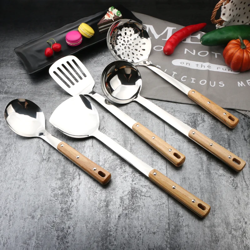 Solid Wood Cooking Tool set Stainless Steel Kitchen Utensil Set With Wooden Handle