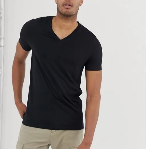 Wholesale Summer Short Sleeve Blank Custom Brand Black Bulk Mens V-Neck T-Shirts